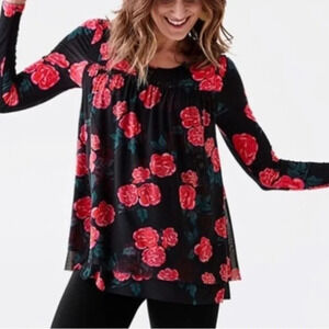 MATILDA JANE Winter Blooms Babydoll Layered Long Sleeve Tunic Blouse